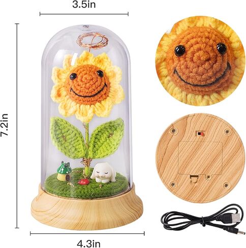Eternal Sunflower Gifts for Women, Crochet Artificial Sun Flower Decor in Plastic Dome with Led, for Her Mom Mothers Day Birthday Anniversary Christmas Valentine Gifts (Yellow) in Saudi Arabia