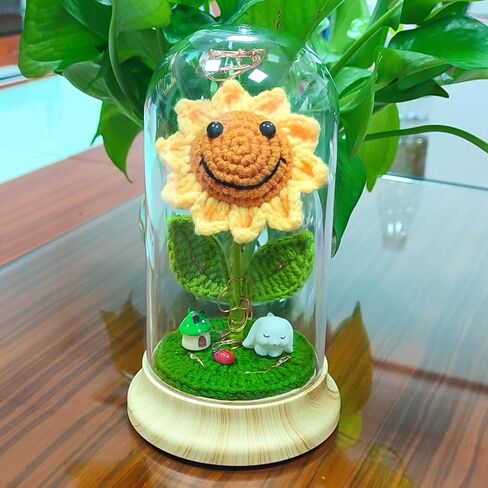 Eternal Sunflower Gifts for Women, Crochet Artificial Sun Flower Decor in Plastic Dome with Led, for Her Mom Mothers Day Birthday Anniversary Christmas Valentine Gifts (Yellow) in Saudi Arabia