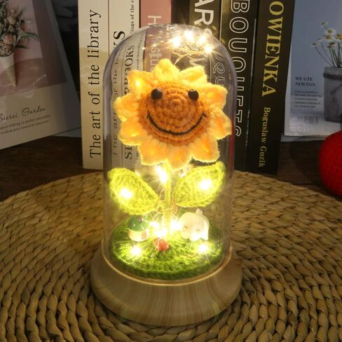 Eternal Sunflower Gifts for Women, Crochet Artificial Sun Flower Decor in Plastic Dome with Led, for Her Mom Mothers Day Birthday Anniversary Christmas Valentine Gifts (Yellow) in Saudi Arabia