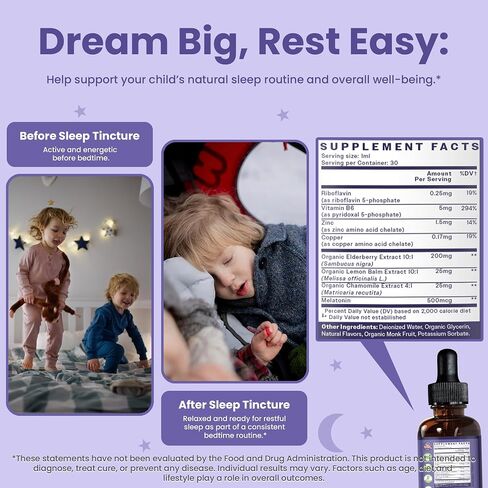TruHeight Kids Sleep Tincture Ages 2+ (Watermelon Flavor) - Babies, Toddlers & Kids Natural Sleep Aid - Baby, Toddler, Child Melatonin 2 Year Old+ - Vitamin B6, Riboflavin, Zinc, Copper, Lemon Balm in Saudi Arabia