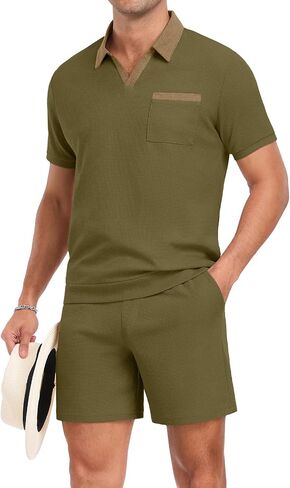 PrinStory Men's Summer Track Suits Waffle Knit Polo Shirt and Shorts Set Casual 2 Pieces Outfits with Pockets in Saudi Arabia