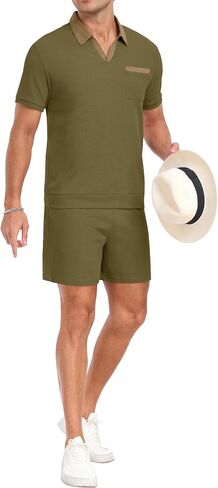PrinStory Men's Summer Track Suits Waffle Knit Polo Shirt and Shorts Set Casual 2 Pieces Outfits with Pockets in Saudi Arabia