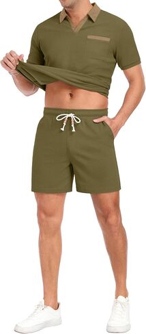 PrinStory Men's Summer Track Suits Waffle Knit Polo Shirt and Shorts Set Casual 2 Pieces Outfits with Pockets in Saudi Arabia