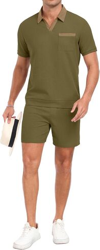 PrinStory Men's Summer Track Suits Waffle Knit Polo Shirt and Shorts Set Casual 2 Pieces Outfits with Pockets in Saudi Arabia