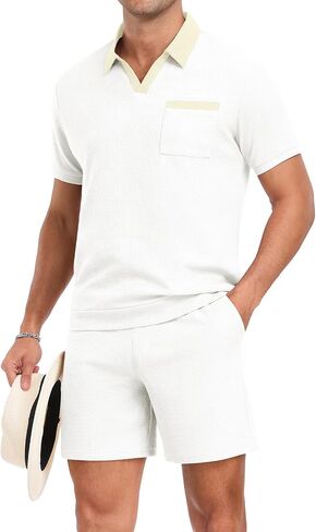 PrinStory Men's Summer Track Suits Waffle Knit Polo Shirt and Shorts Set Casual 2 Pieces Outfits with Pockets in Saudi Arabia
