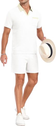 PrinStory Men's Summer Track Suits Waffle Knit Polo Shirt and Shorts Set Casual 2 Pieces Outfits with Pockets in Saudi Arabia