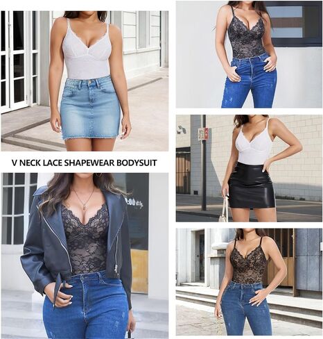 SHAPERIN Women's Lace Shapewear Bodysuit Tummy Control V Neck Backless Body Shaper Cami Tops Thong Body Suits in Saudi Arabia