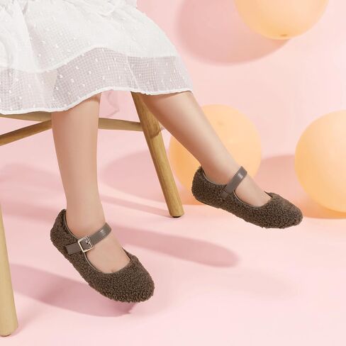 PANDANINJIA Girls Dress Shoes Ballet Flats Faux Fur School Wedding Party Toddler Little Big Kid Girls Mary Jane Shoes in Saudi Arabia