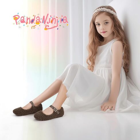 PANDANINJIA Girls Dress Shoes Ballet Flats Faux Fur School Wedding Party Toddler Little Big Kid Girls Mary Jane Shoes in Saudi Arabia