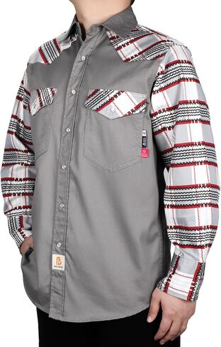 BOCOMAL FR Shirts Pearl Snaps Two Tone Plaid/Solid Flame Resistant Cotton Welding Shirt NFPA 2112 CAT 2 in Saudi Arabia