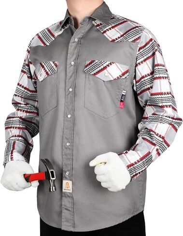 BOCOMAL FR Shirts Pearl Snaps Two Tone Plaid/Solid Flame Resistant Cotton Welding Shirt NFPA 2112 CAT 2 in Saudi Arabia