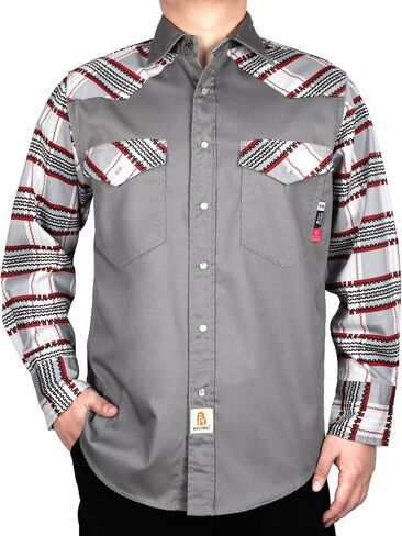 BOCOMAL FR Shirts Pearl Snaps Two Tone Plaid/Solid Flame Resistant Cotton Welding Shirt NFPA 2112 CAT 2 in Saudi Arabia