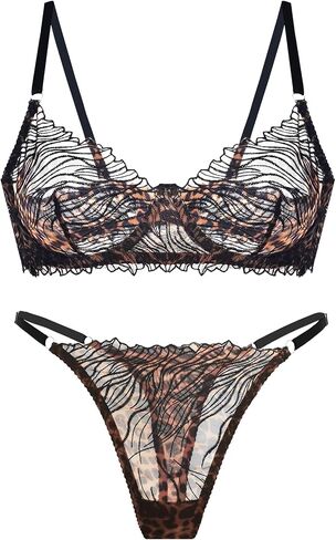 C'EST NICKEL Women's Mesh Sheer See Through Lingerie Set 2 Piece Sexy Lace Underwire Bra and Panty Set Bralette(leopard,L) in Saudi Arabia
