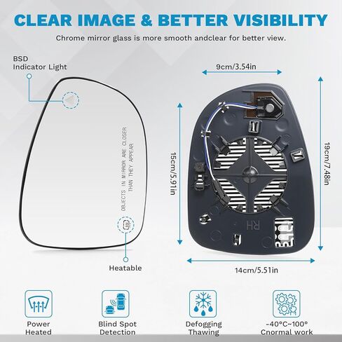 Right Passenger Side Mirror Glass W/blind Spot Detection Compatible with 2017-2024 Chrysler Pacifica, 2020-2024 Voyager Replacement Rear View Power Heated Mirror Glass 2 Pin 68318282AA in Kuwait
