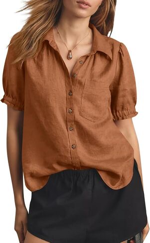 Cicy Bell Womens Puff Short Sleeve Button Down Shirts Summer Casual Collared V Neck Blouse Linen Loose Fit Work Tops in Saudi Arabia