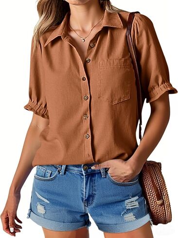 Cicy Bell Womens Puff Short Sleeve Button Down Shirts Summer Casual Collared V Neck Blouse Linen Loose Fit Work Tops in Saudi Arabia