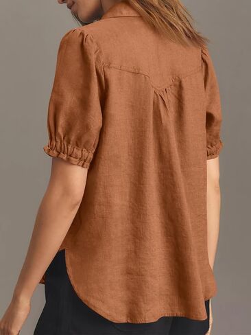 Cicy Bell Womens Puff Short Sleeve Button Down Shirts Summer Casual Collared V Neck Blouse Linen Loose Fit Work Tops in Saudi Arabia