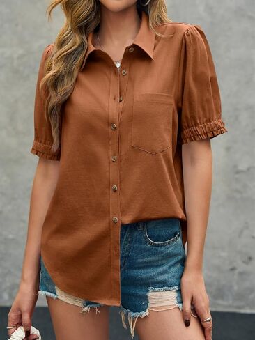 Cicy Bell Womens Puff Short Sleeve Button Down Shirts Summer Casual Collared V Neck Blouse Linen Loose Fit Work Tops in Saudi Arabia