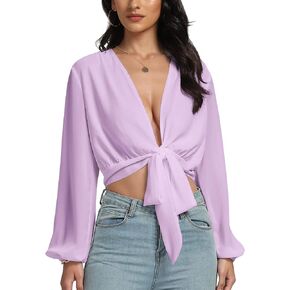 LYANER Women's Deep V Neck Long Sleeve Tie Front Knot Sexy Wrap Crop Top Blouse in Kuwait