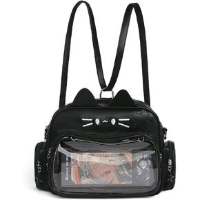 Cute Cat Ita Bag Pin Display Backpack for PU Preppy Backpack for Y2K girl’s Single Shoulder Crossbody(black CAT)