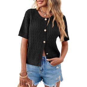 Saodimallsu Womens Summer Short Sleeve Cardigans Cable Knit Cropped Button Down Crewneck Lightweight Sweater Tops