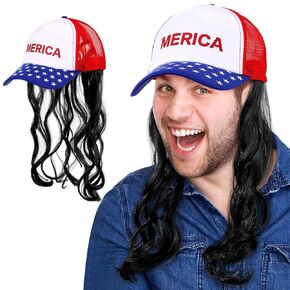 Cindeer USA Mullet Hat Wig for Men 4th of July American Costume Hat Mullet Red Blue and White Wig Cap for Christmas(Brown)