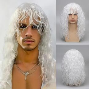 Men's 80s Black Long Curly Wig With Bangs Mullet Rock Wigs Costume Male Wig Punk Heavy Metal Wig