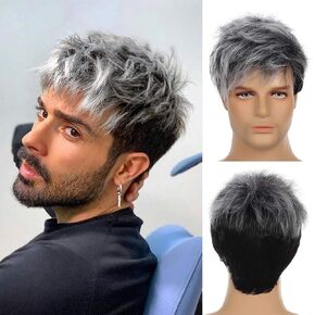 Sallcks Mens Grey Wig Short Layered Gray Mixed Black Natural Synthetic Halloween Cosplay Costume Wigs for Men