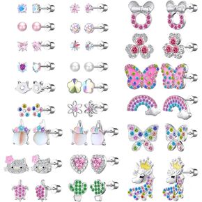 24 Pairs Surgical Steel Flat Back Earrings Set -Secure and Comfortable Screwback Earrings with Diverse Designs, Perfect for Multiple Piercings and Everyday Wear