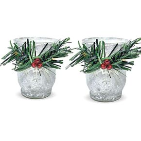 Christmas Holiday Berry and Holly Candleholders -Set of 2 - White Frosted Glass with Greenery and Red Berries - 3.5" H