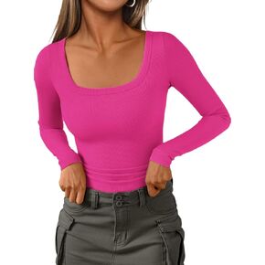 Womens Long Sleeve Square Neck Shirts Ribbed Knit Fitted Tight Tops Cute Undershirt Blouses
