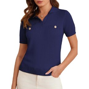 GRACE KARIN Womens 2025 Summer Short Sleeve Sweater V Neck Knitted Sweater Tops Lightweight Polo Sweater Shirt S-2XL