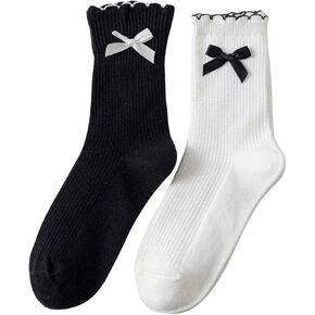 Verdusa Women's 2 Pairs Bow Knot Scallop Edge Ribbed Crew Socks