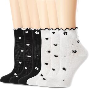 Mcool Mary Women's Ruffle Socks Thin Breathable Mesh Casual Cotton Frilly Cute Ankle Socks Polk dots Heart White Sock 6 Pack Size 5-9