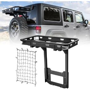 SUORTO Wrangler JK Rear Cargo Basket on OE Tailgate Compatible with 2007-2018 Jeep Wrangler JK & JKU Unlimited 2/4 Door, Luggage Storage Carrier, Spare Tire Cargo Rack (Bolt-On)