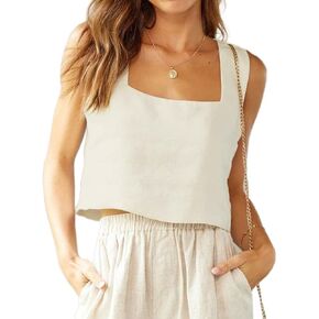 IDEALSANXUN Linen Crop Tank Tops for Women Summer Square Neck Sleeveless Casual Loose Cute Cotton Linen Tops in Kuwait