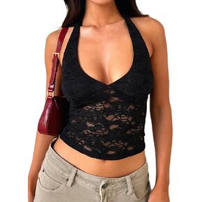 MakeMeChic Women's Halter Tops Mesh Lace Sexy Cute Summer Crop Tank Top
