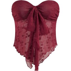 CIDER Summer Tube Tops for Women Floral Tie Front Cute Tops Sexy Going Out Tops Trendy Strapless Mesh Flowy Top Casual