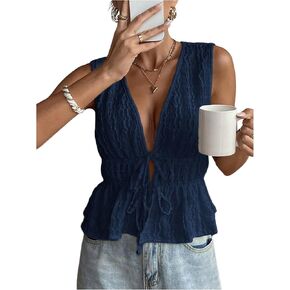 MakeMeChic Women's Tie Front V Neck Tank Top Bow Sleeveless Ruffle Hem Crop Tops