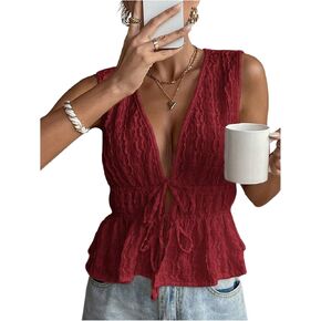MakeMeChic Women's Tie Front V Neck Tank Top Bow Sleeveless Ruffle Hem Crop Tops in Saudi Arabia