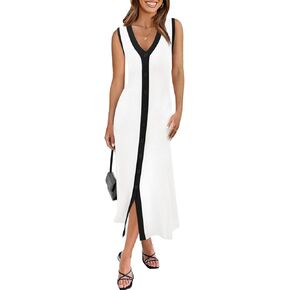 Saodimallsu Womens Summer Button Down Sweater Dresses Sleeveless V Neck Casual Ribbed Knit Color Block Midi Tank Dress