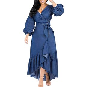 Utcoco Womens غير رسمية مربوطة طويلة الأكمام دنيم اللباس ملفوف V-neck hem Hem Maxi Denim for Women 2025