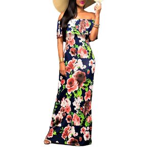 Suimiki Vintage Ruffle Plain Floral Printed Off Shoulder Bodycon Long Party Maxi Dress