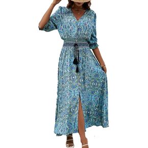 Plustrong Womens Summer Boho Print v Neck Flowy Slit Maxi Dress Empire Weist Long Beach Dress