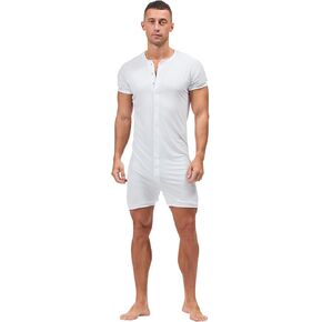 Mens Romper Short Sleeve Onesie Jumpsuit Pajamas Henley Stretchy Silk One Piece Garment Sleepwear