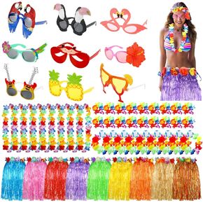 54 Pcs/ 9 Sets Luau Party Decorations Hawaiian Glasses Grass Skirts Leis for Tropical Beach Hawaii Party Supplies Women Men Costume Accessories
