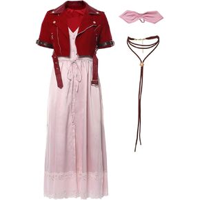 Costhat Women Aerith Gainsborough Cosplay Costume Halloween Red Jacket Stick