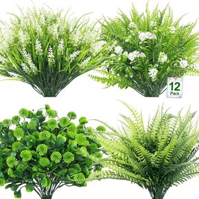 Turnmeon 12 حزم 4 أنماط نباتات مزيفة النباتات المصطنعة ديكور الصيف في الهواء الطلق ، الزهور المزيفة في الهواء الطلق نباتات فو ، مقاوم بوسطن بوسطن لافندر بلاستي