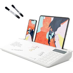 سبورة بيضاء لسطح المكتب من DeskBoard Buddy مع آلة حاسبة + 2 قلم تحديد - وسادة لوحة حامل للمسح الجاف للمكتب الأبيض لسطح طاولة الكمبيوتر - حجم صغير، محمول، لوح ملاحظات زجاجي على سطح الطاولة مع حامل قلم تحديد صغير