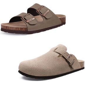 Women's Set of 2 Pairs-Summer Slide Sandals (Size 7.5, Brown)-Suede Soft Clogs (Size 7.5-8, Apricot)